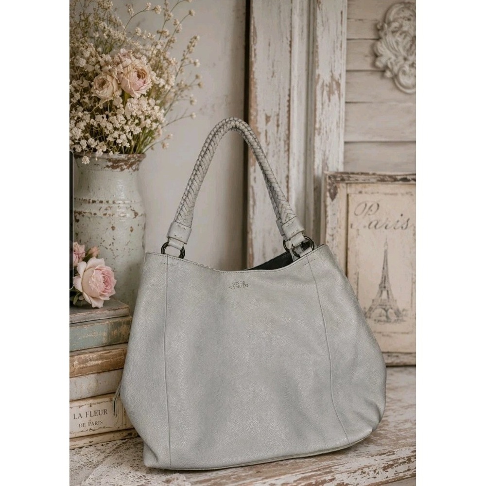 Vince Camuto VV-SIGNE-TO White Swan Pebbled Leather Hobo Handbag Braided Handle
